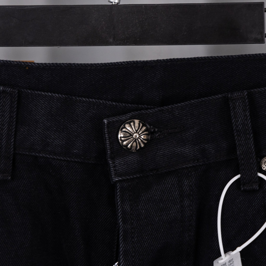 Black denim Chrome pants with embossed button and inner pocket detail
