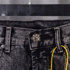 Chrome pants in dark denim with button closure and belt loops at waistband