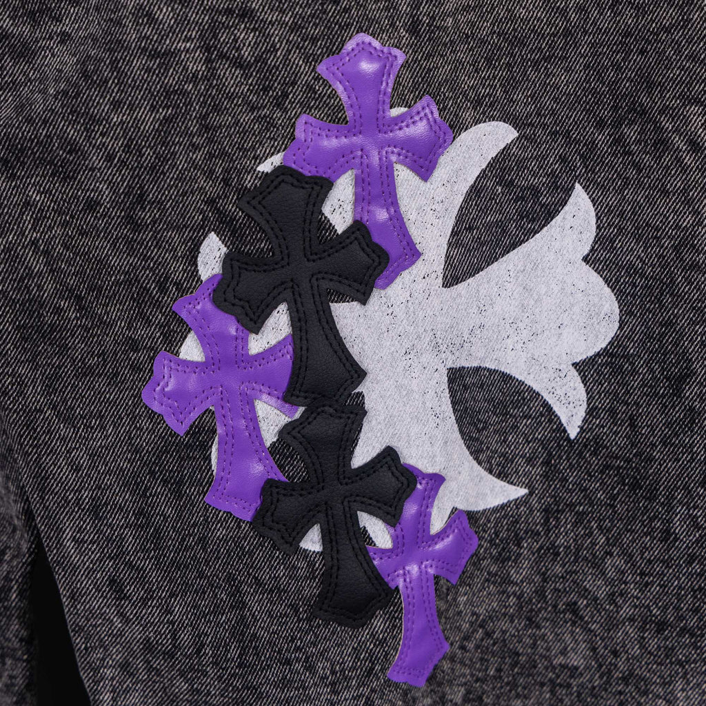 Chrome pants in dark denim with large purple and black cross patches