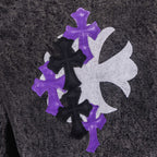 Chrome pants in dark denim with large purple and black cross patches