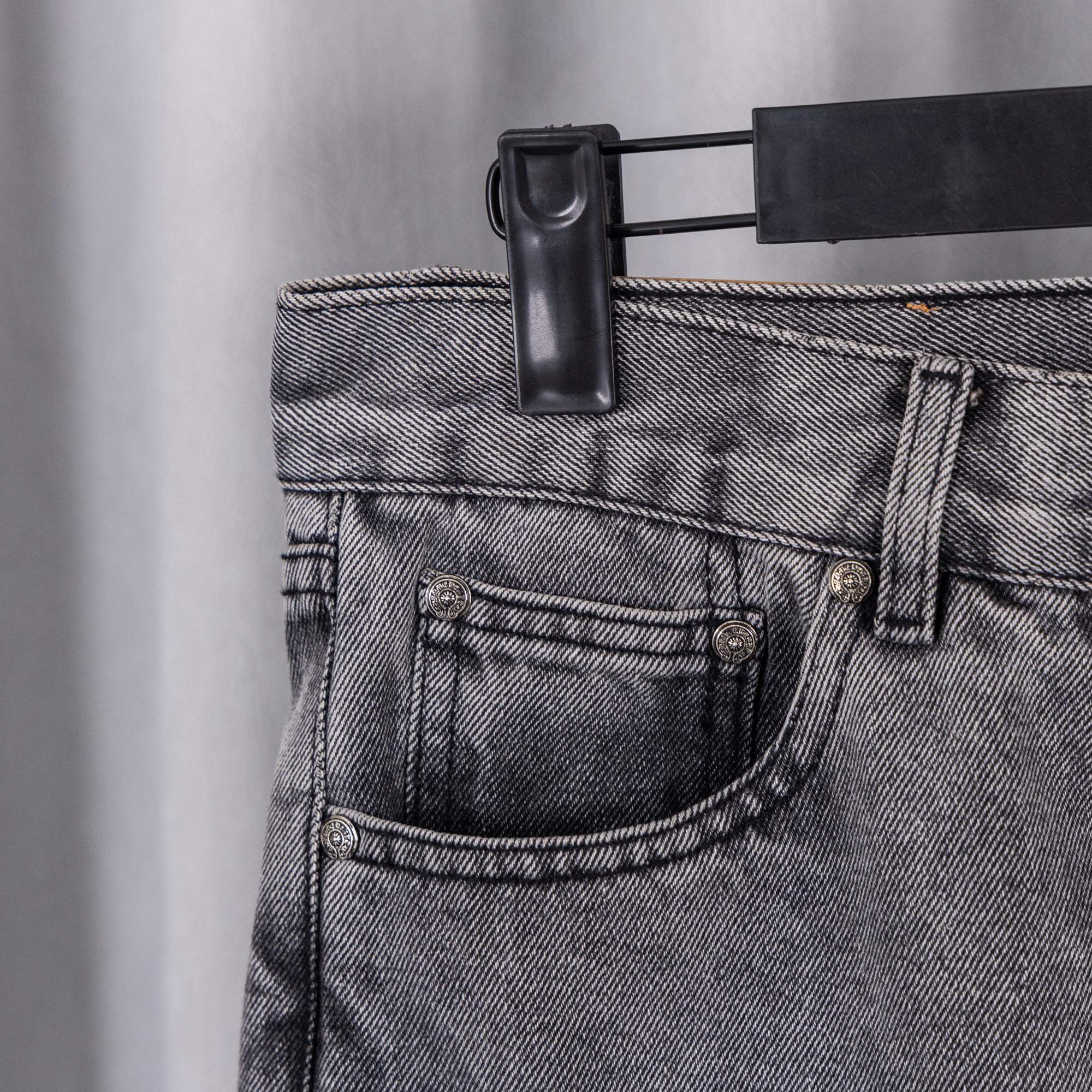 Chrome pants with front pocket, belt loops, and cross patch