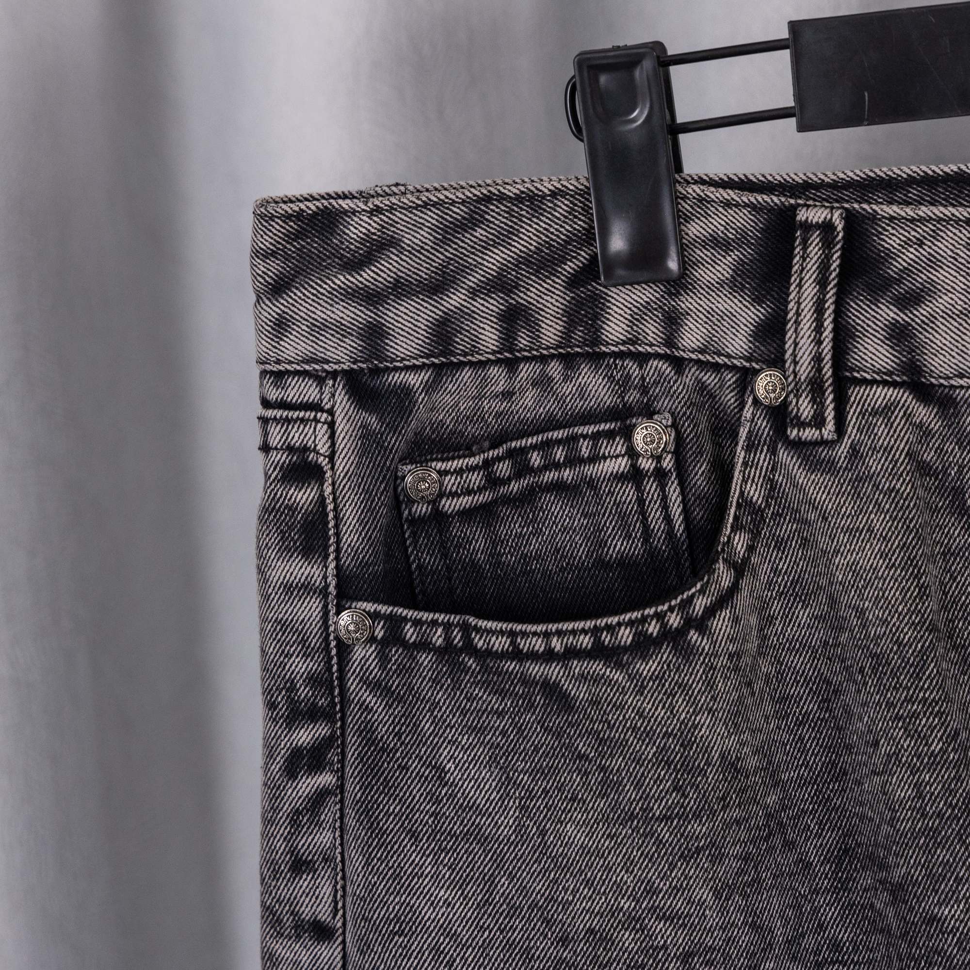 Chrome pants denim front with belt loop, button fly, and coin pocket