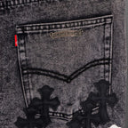 Chrome pants denim back pocket with small label and black cross patches