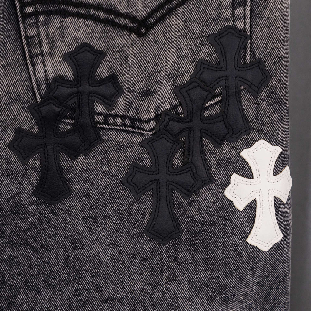 Chrome pants denim with black cross patches and one white cross applique