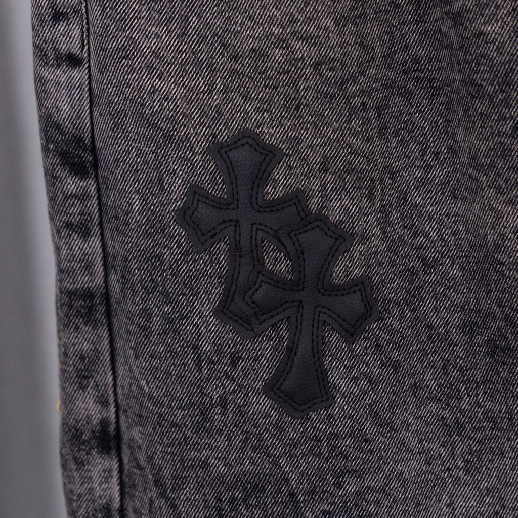Chrome pants denim with black cross applique on leg
