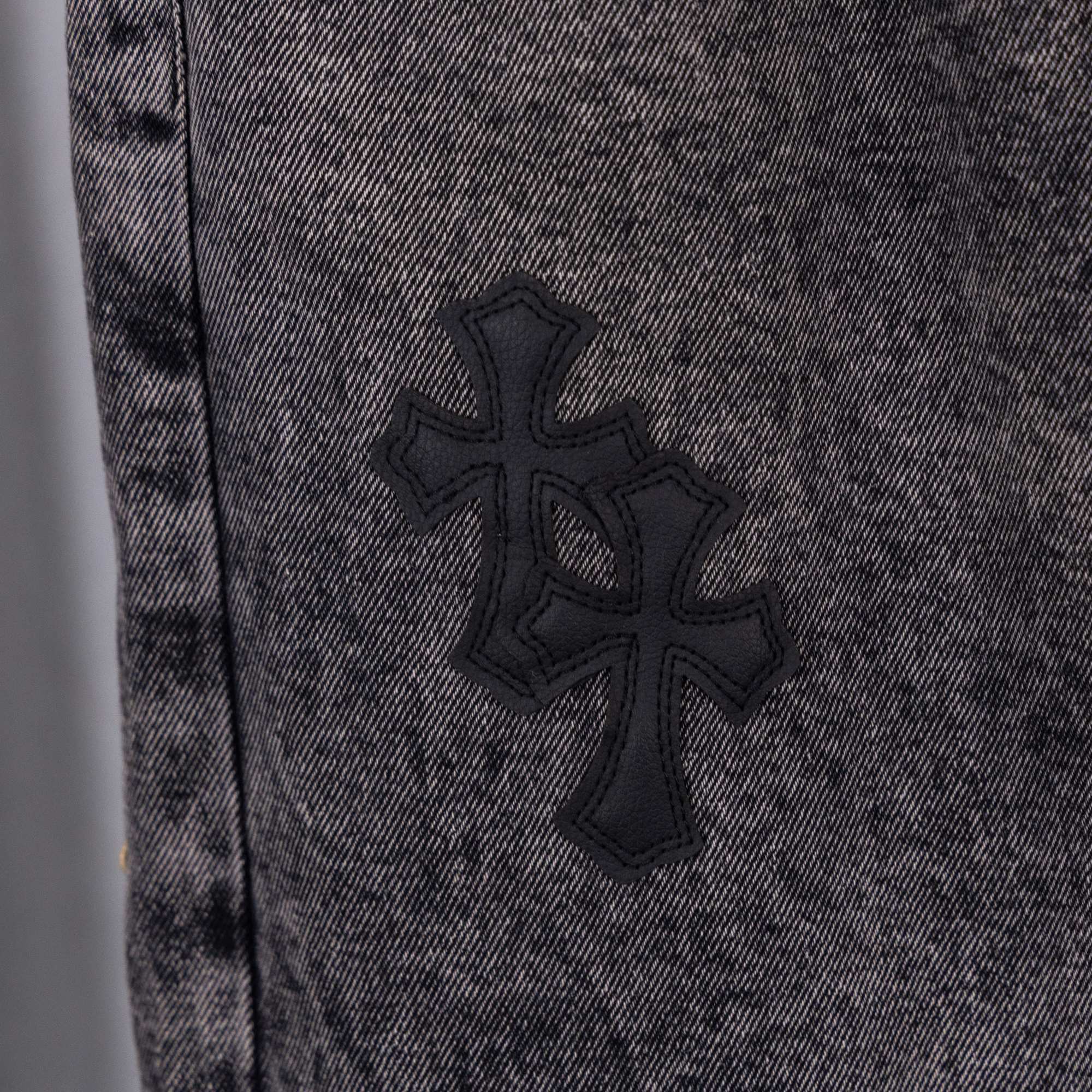 Chrome pants denim with black cross applique on leg