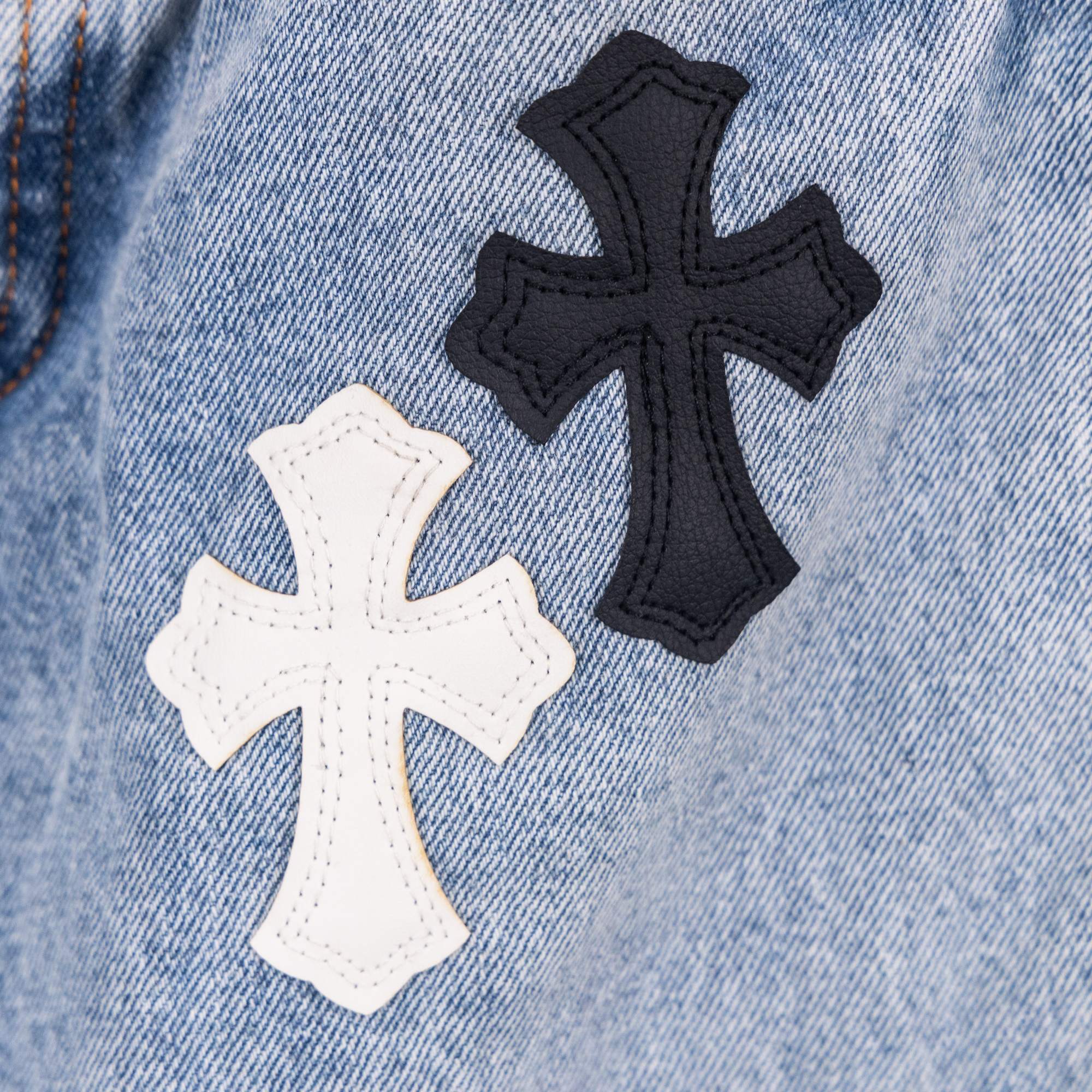 Denim pants with contrast embroidered cross patches, black and white
