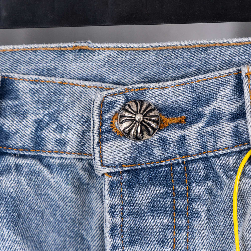 Chrome pants denim pocket with decorative metal button and stitch details