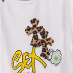 Embroidered leopard cross patch with colorful graffiti-style text on white denim
