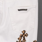White denim pants pocket with logo patch and leopard cross embroidery