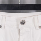 White denim pants with decorative stud button on waistband