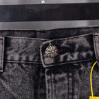 Dark gray denim jeans with metal button and stitched pocket detail