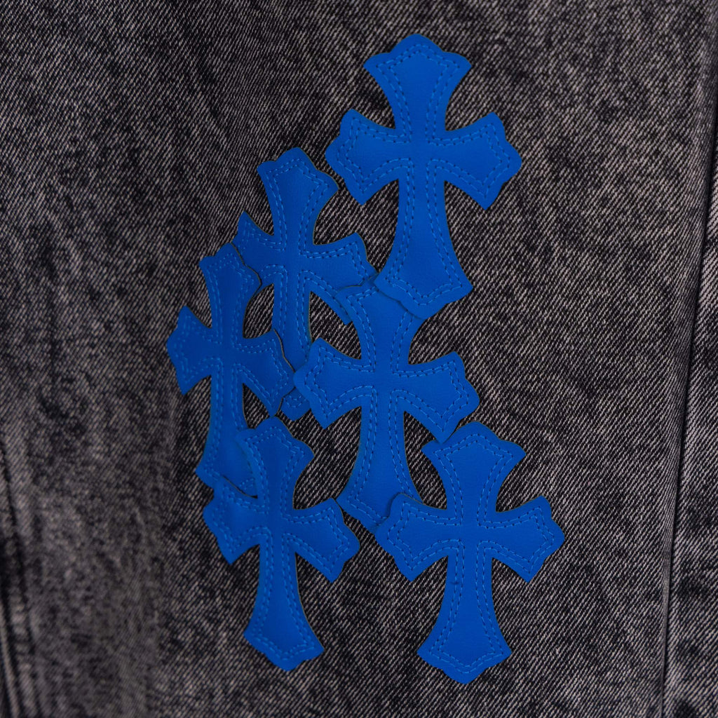 Dark denim pants with multiple blue cross appliques