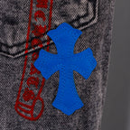 Blue cross applique on dark denim with red stripe graphic behind