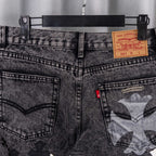 Dark denim pants with waistband Levi Strauss label and pocket graphic