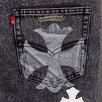 Dark denim pants with large pocket graphic and cross patch