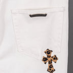 White denim pants with front pocket and leopard cross patch