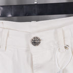 White denim pants buttoned waistband with central metal snap