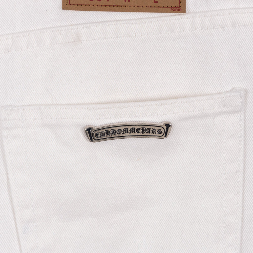 White pants with logo patch on waistband