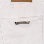 White pants with logo patch on waistband