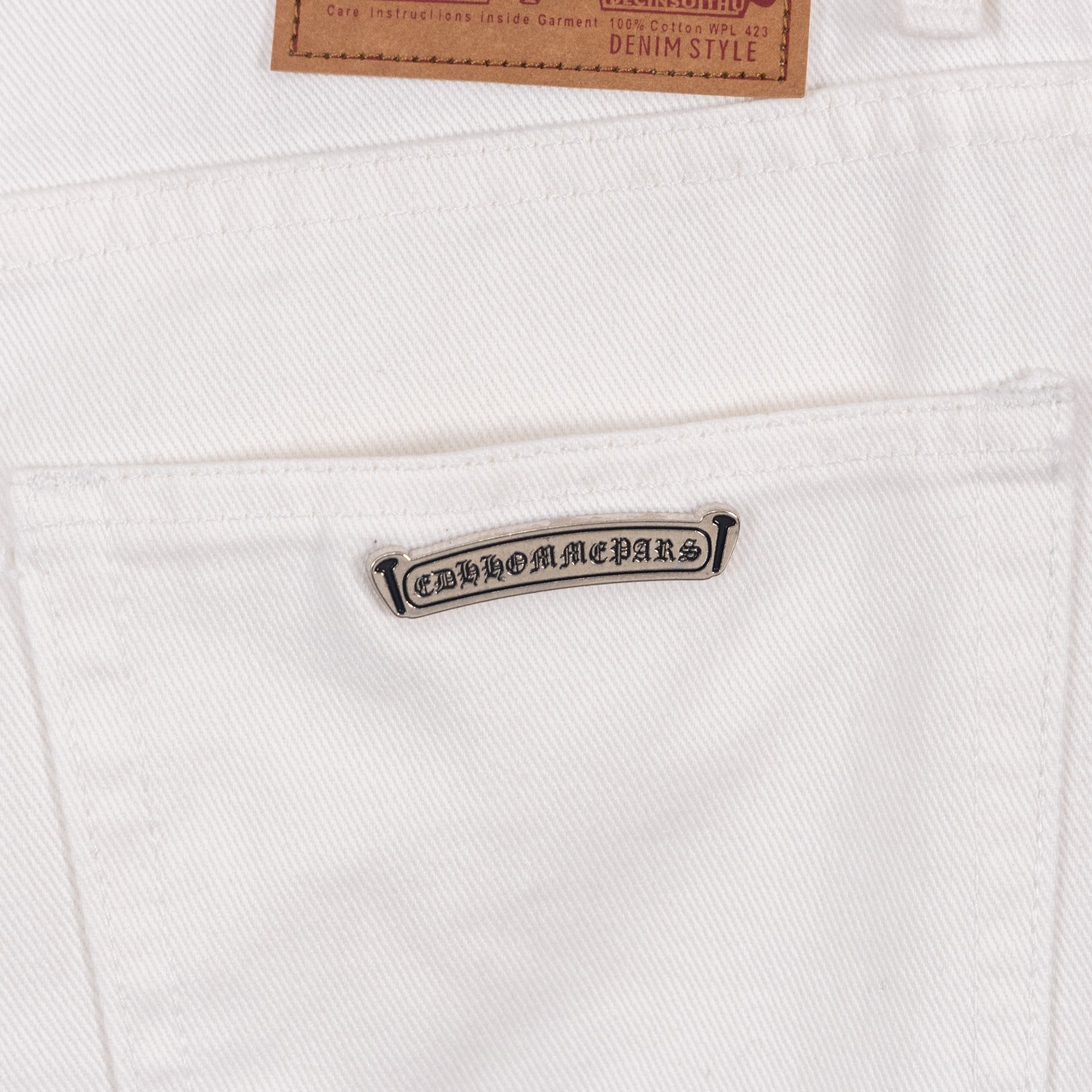 White chrome pants pocket with embroidered logo patch