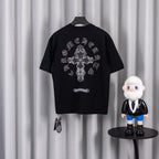 Black short-sleeve graphic T-shirt with large back cross and ribbon embroidery
