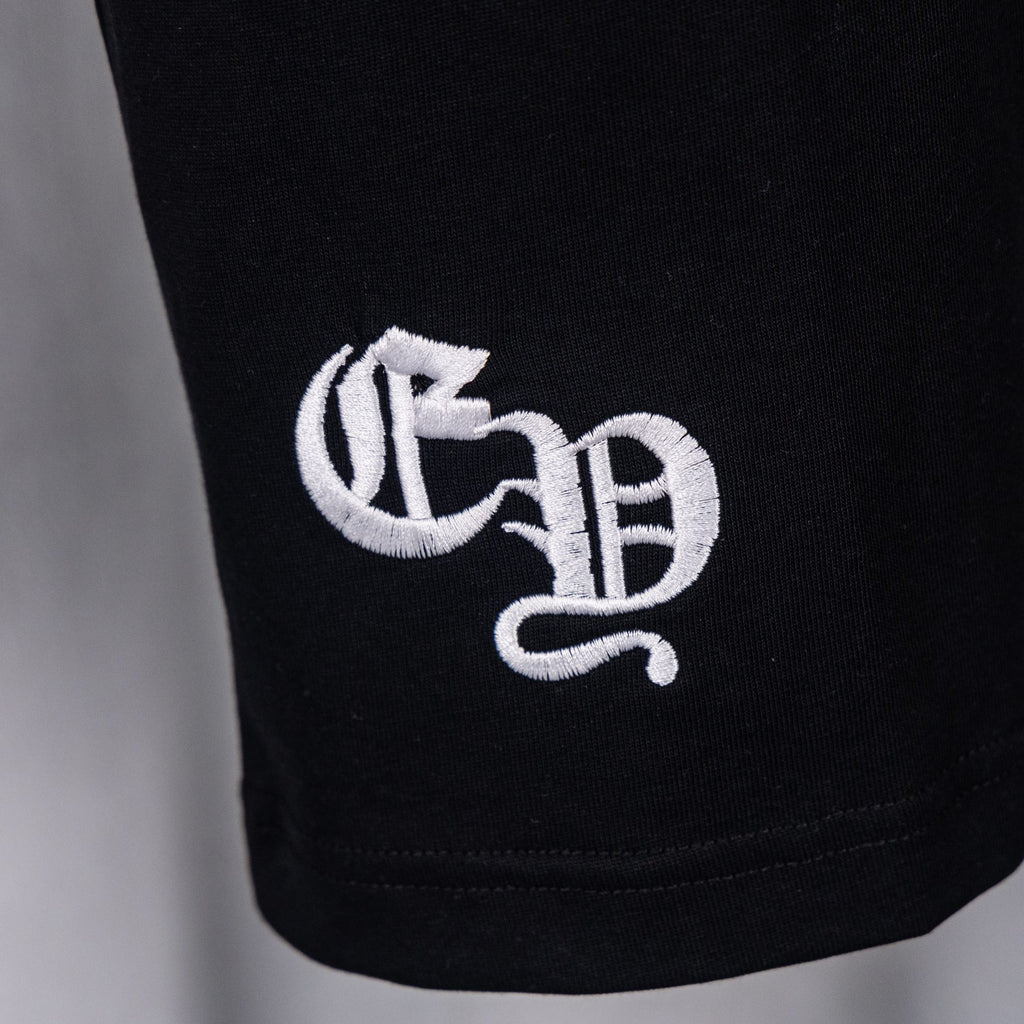 Black T-shirt close-up of embroidered white letter emblem near the hem