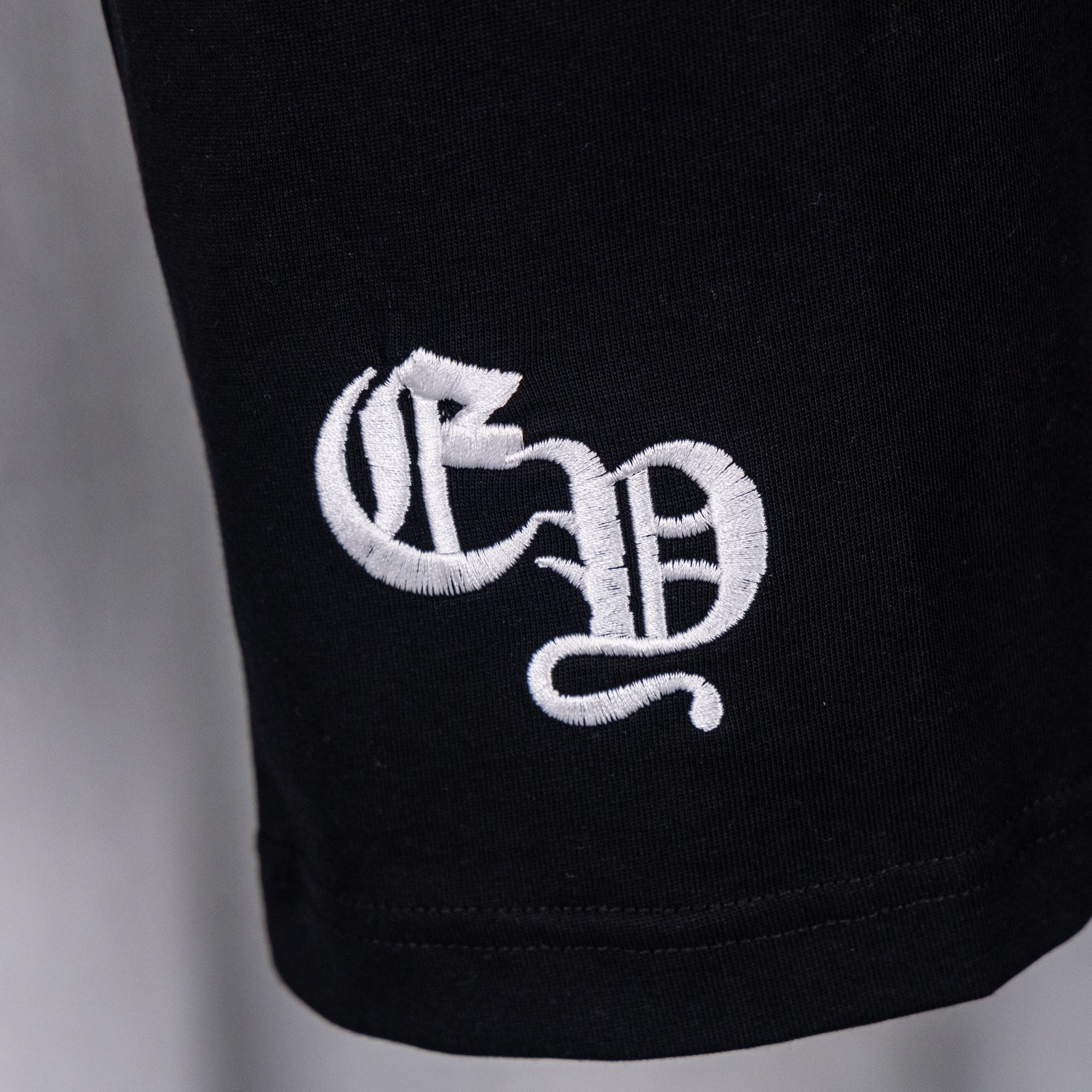 Black T-shirt close-up of embroidered white letter emblem near the hem