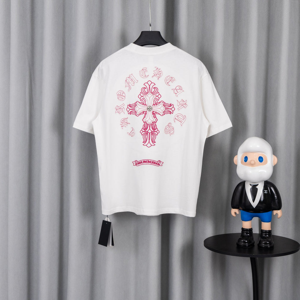 White T-shirt back with large pink cross graphic centered
