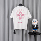 White T-shirt back with large pink cross graphic centered