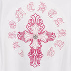 White T-shirt with large pink cross embroidery and surrounding symbols