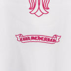 White T-shirt embroidery banner with pink lettering and striped motifs