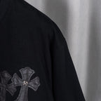 Black short-sleeve shirt with cross appliqué embroidery on sleeve
