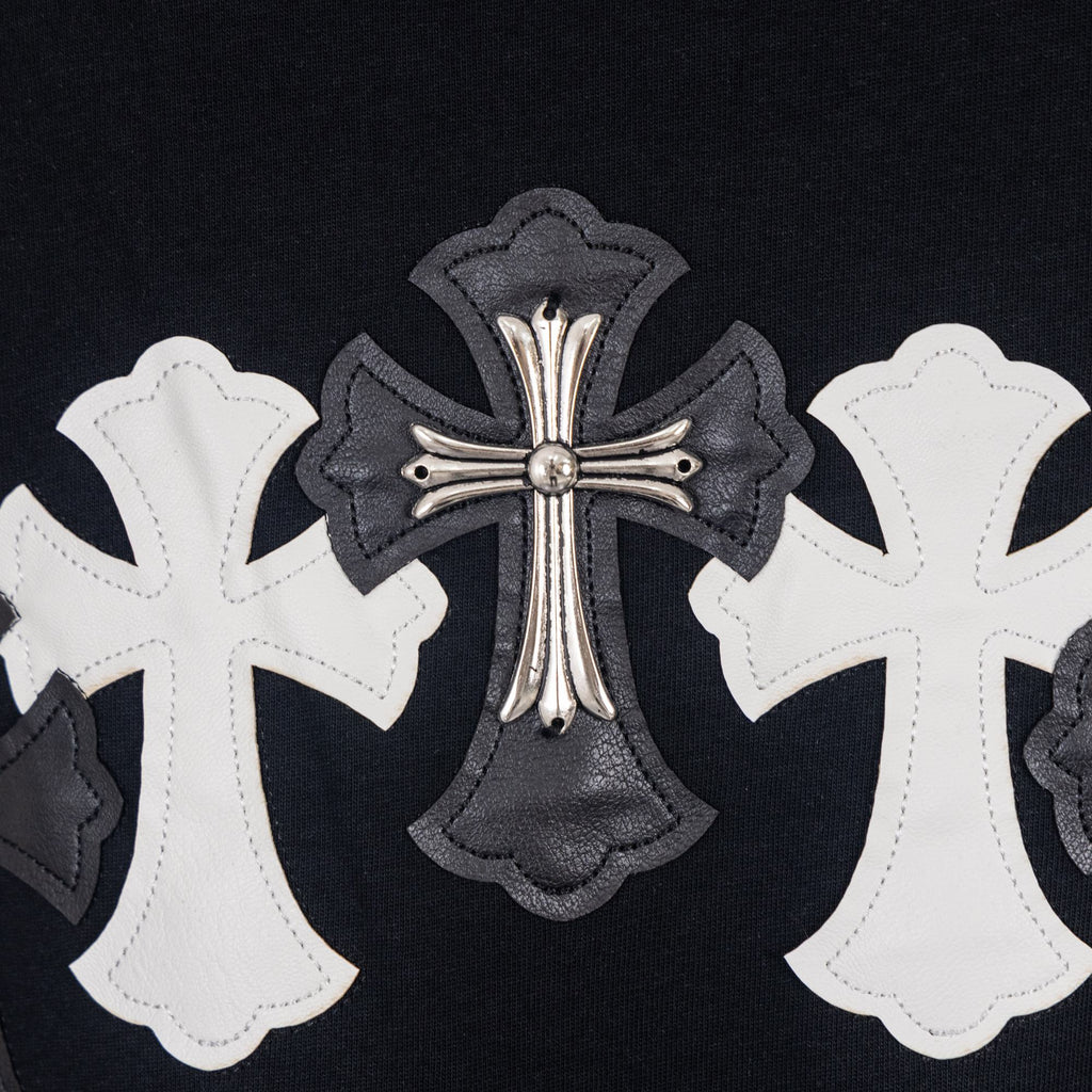 Black short-sleeve shirt with large cross patch embroidery, white and gray