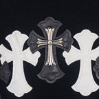 Black short-sleeve shirt with large cross patch embroidery, white and gray