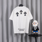 White short-sleeve T-shirt with three black cross appliques on back