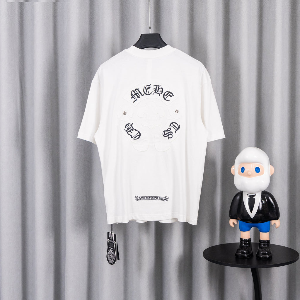 White short-sleeve graphic T-shirt with large back lettering and icons