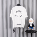 White short-sleeve graphic T-shirt with large back lettering and icons