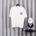 White short-sleeve graphic T-shirt with small chest crest logo