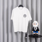White short-sleeve graphic T-shirt with small chest crest logo