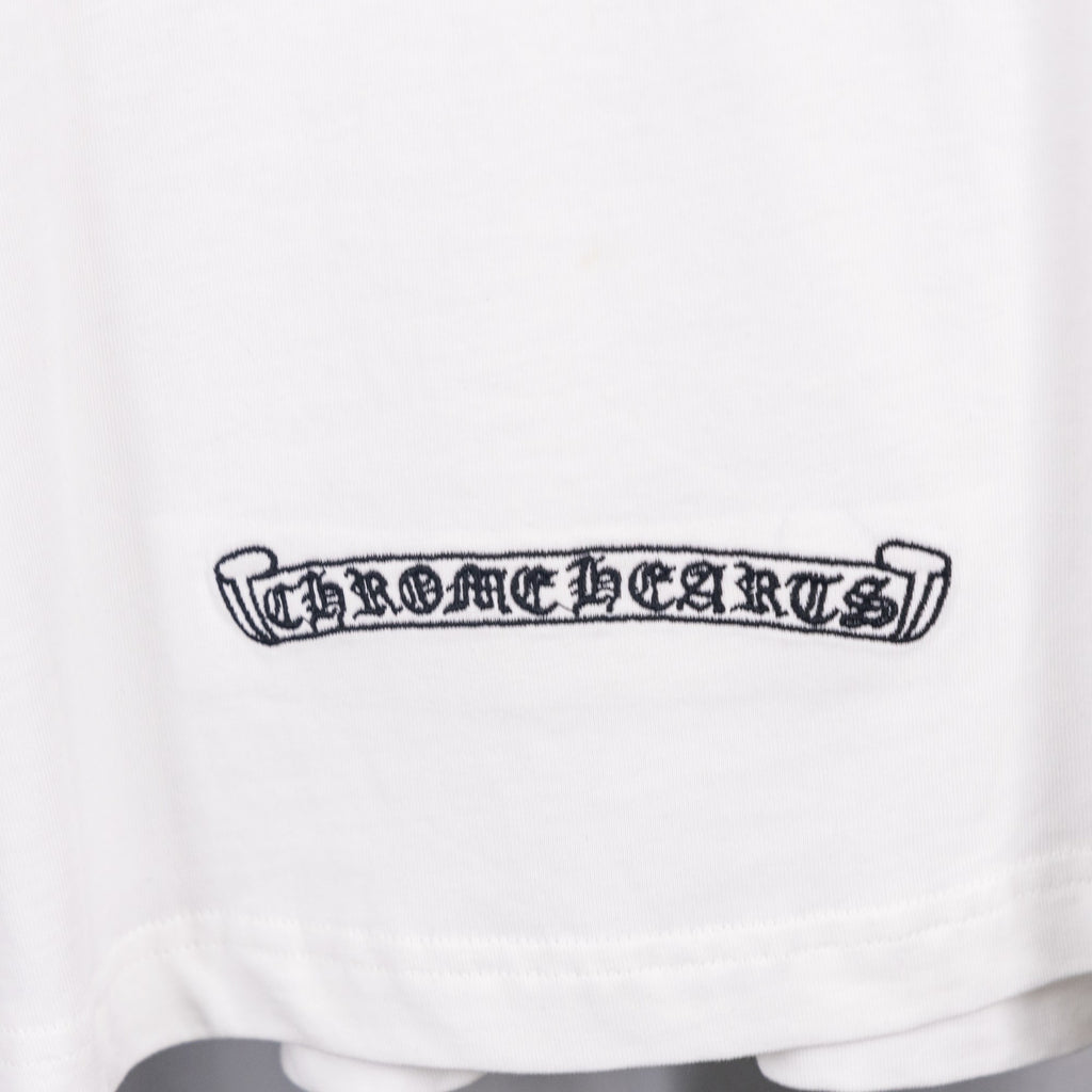 White T-shirt with dark horizontal logo patch on lower front
