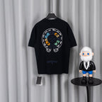 Black crewneck short-sleeve T-shirt with large circular back graphic print