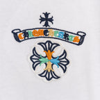 White T-shirt embroidered crown and flower crest graphic on the chest