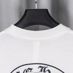 White T-shirt crew neckline ribbing with inside collar visible at back