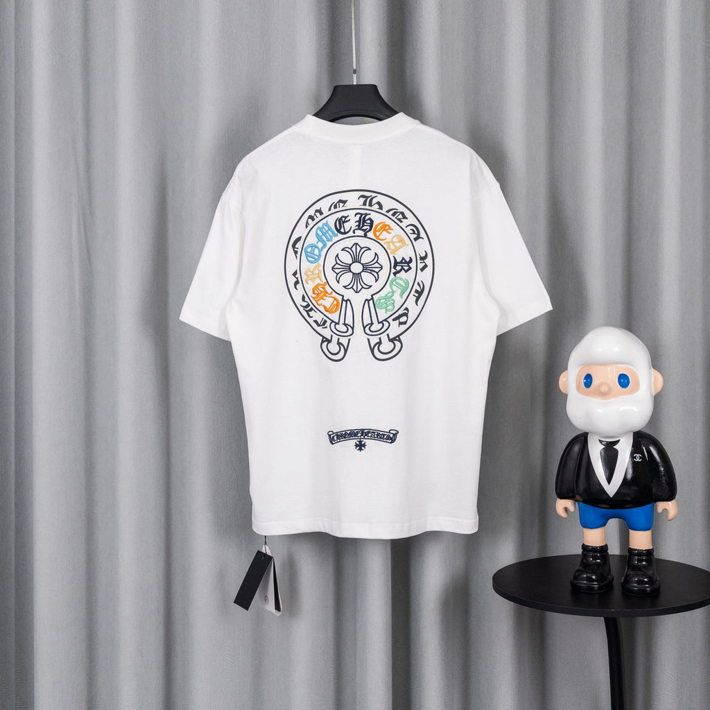 White short-sleeve T-shirt with large circular back crest and small chest patch