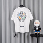 White short-sleeve T-shirt with large circular back crest and small chest patch