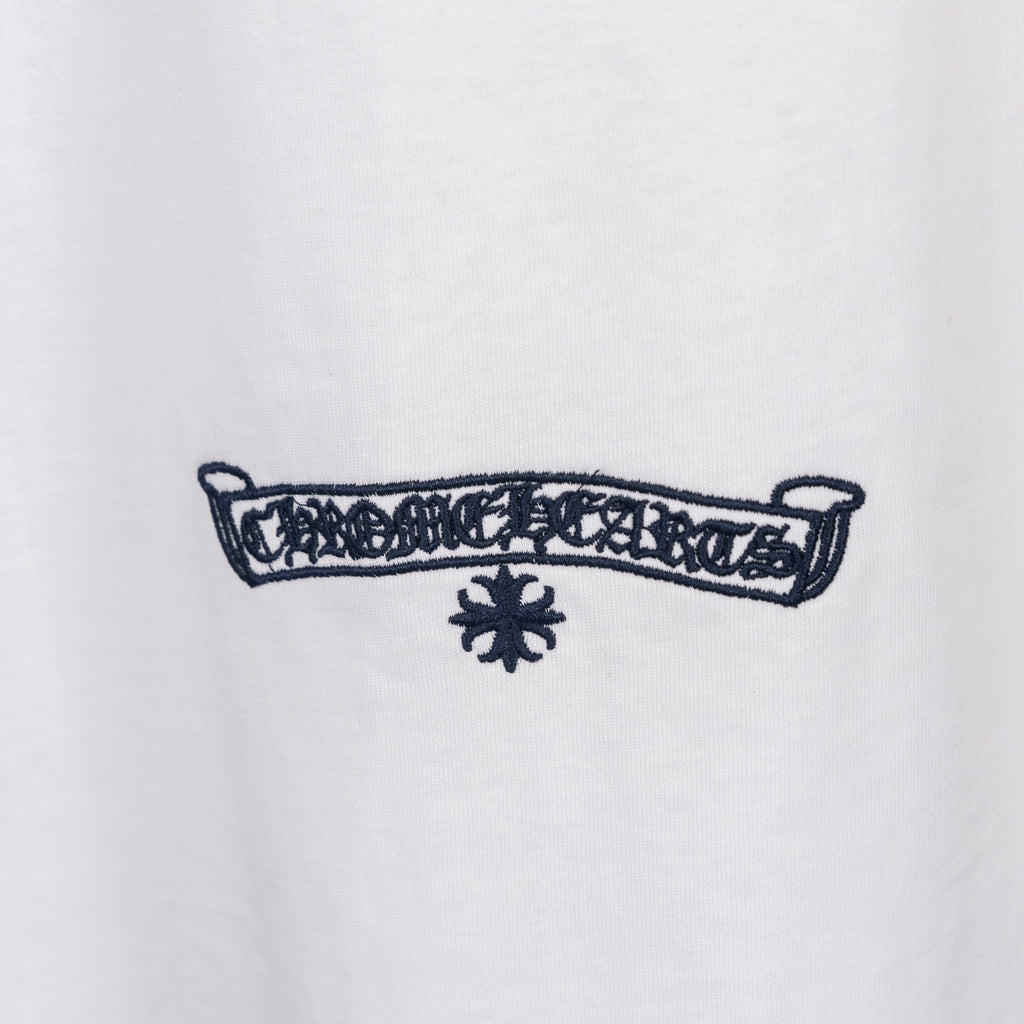 White T-shirt embroidered horizontal banner logo with small symbol above