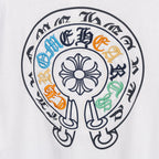 White T-shirt circular embroidered crest graphic with multicolor accents