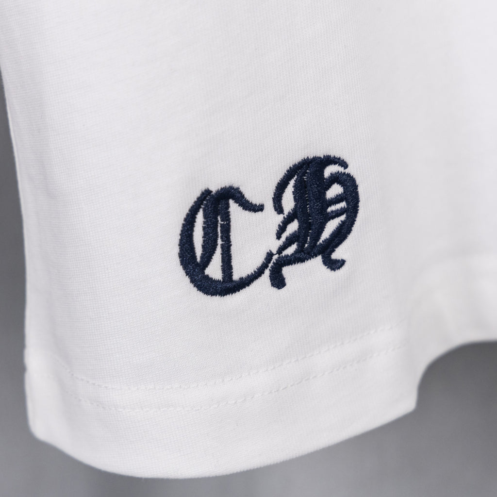 White short-sleeve T-shirt with embroidered dark logo on chest