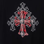 Black T-shirt with large red and white cross embroidery with outlined floral details